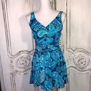 D&Co. Beach Paisley Blue And Black Fit and Flair  Swim Dress Size 8